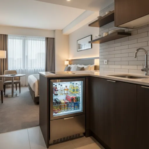 Fotografía de una cocina de un cuarto de hotel que cuenta con minibar