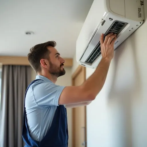 Fotografía de un hombre instalando un minisplit que forma parte de las características de un hotel