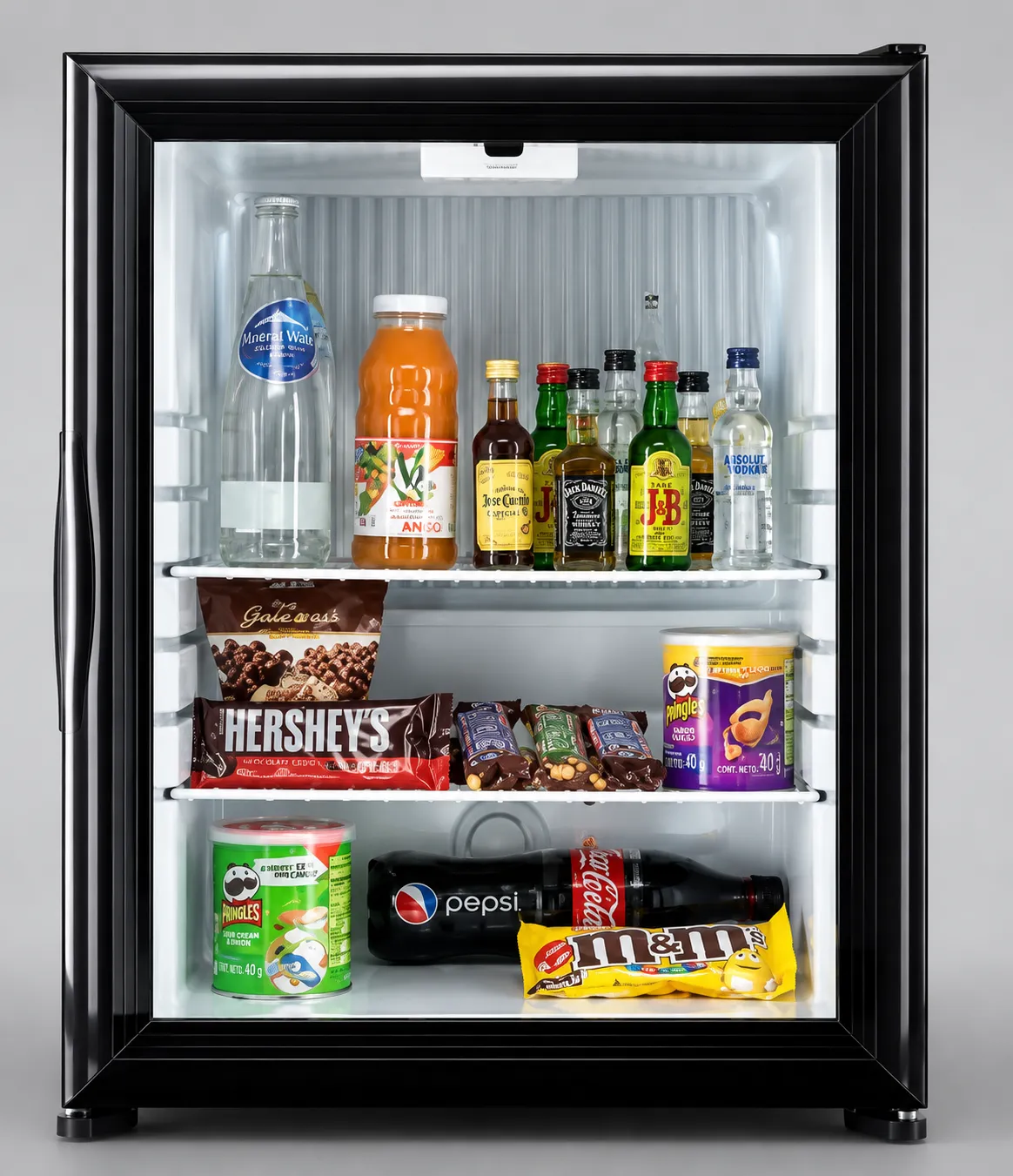 Minibar negro con puerta de cristal