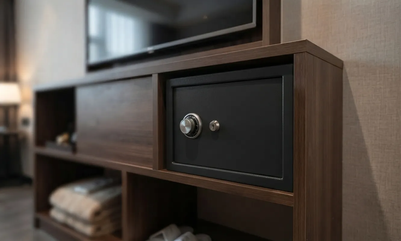 Fotografía de una caja de seguridad negra en mueble de cuarto donde saben donde colocar caja fuerte