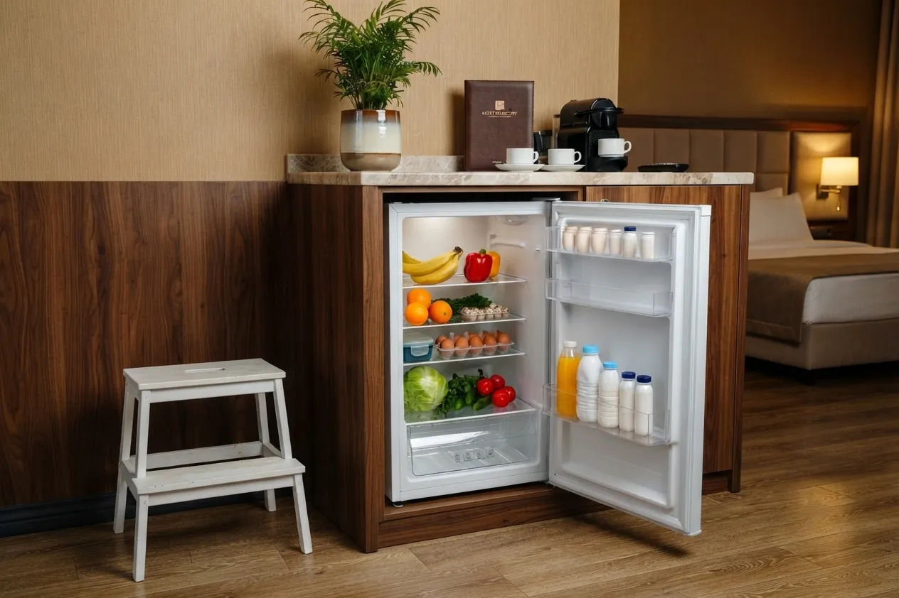 Foto del interior de una habitación de un hotel donde saben cómo funciona un frigobar bien integrado a la estética