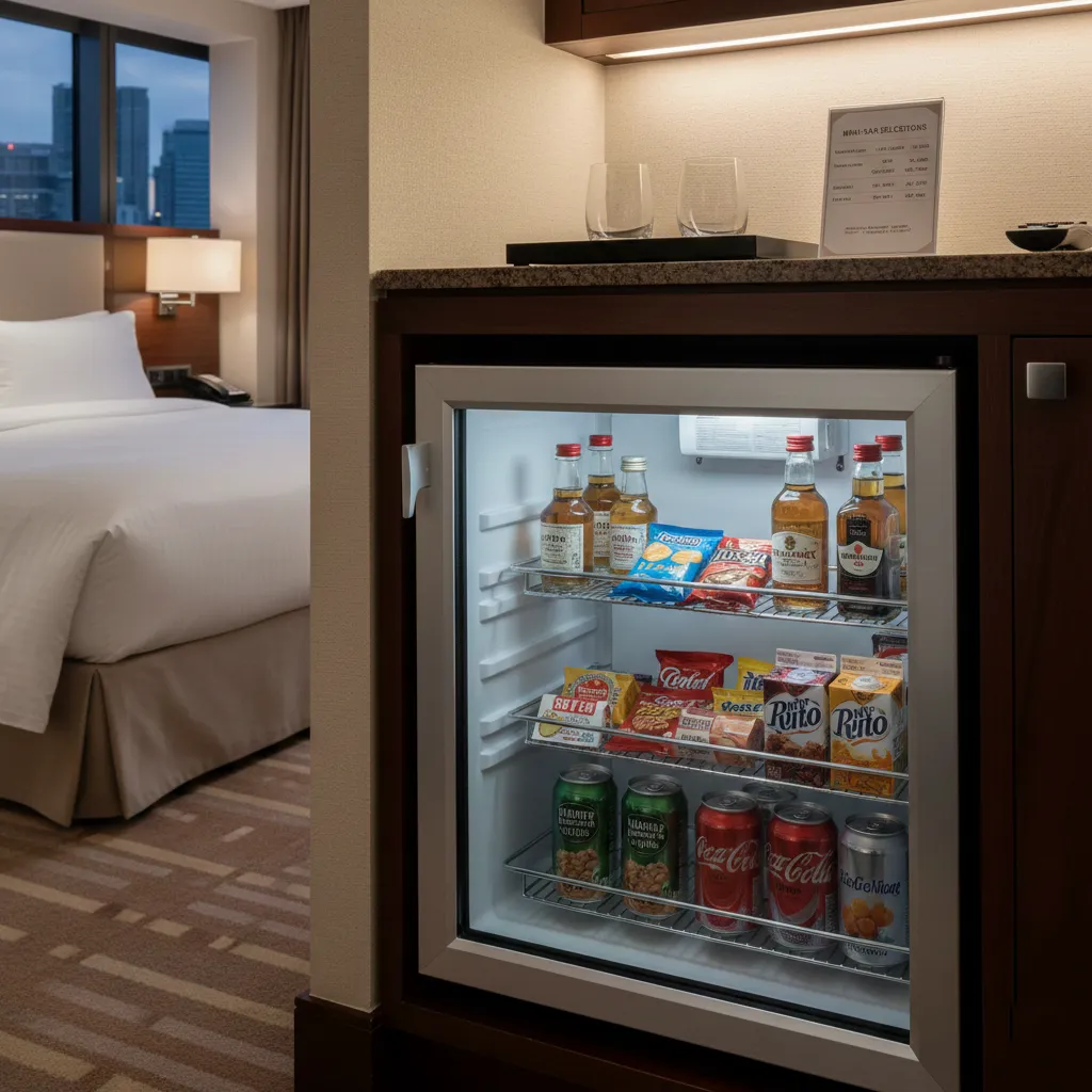Foto del interior de un hotel donde conoce qué es un minibar colocado dentro de un cuarto para los huéspedes
